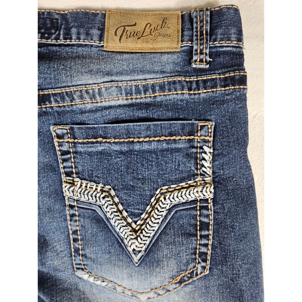 True Luck Mens Straight Leg Jeans 32x32 Blue Dark Wash Embroidered Pockets - Picture 8 of 9